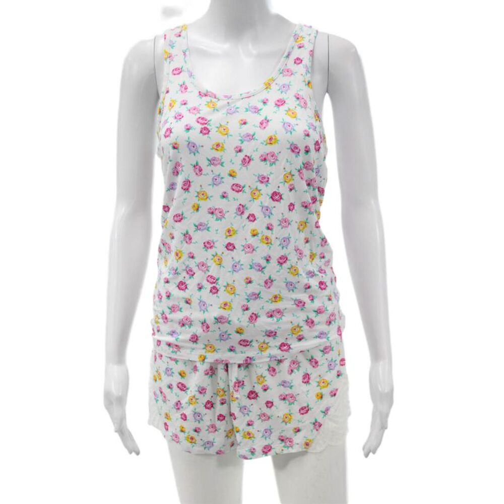 Stripe & Stare Womens Floral Lace Trim Sleeveless Pajama Set White Multi Size M